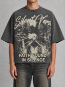 Silent Verse oversized cropped T-shirt in charcoal with "Faith Found In Silence" print, casual fit and soft fabric.