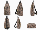 Snake print crossbody bag shown from multiple angles on a white background