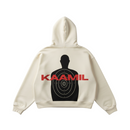FRESH N FITTED cream organic cotton heavyweight hoodie with oversized drop shoulders and 'KAAMIL' target graphic.
