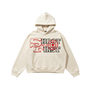 FRESH N FITTED cream organic cotton heavyweight hoodie with oversized drop shoulders and 'SHOOT FIRST' graphic.