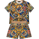 FRESH N FITTED George V men's multi-color Renaissance print tee with rhinestones. Short sleeve, crew neck.