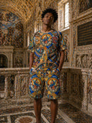 FRESH N FITTED Men's multi-color Renaissance print tee with rhinestones. Short sleeve, crew neck.