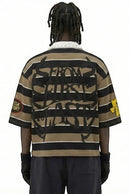 FRESH N FITTED STORM88 brown and black striped 3/4 sleeve polo shirt with drop shoulder and boxy fit.