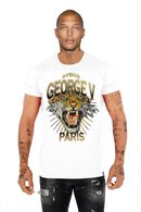 FRESH N FITTED white cotton lycra t-shirt with a bold tiger face graphic embellished with rhinestones and "GEORGE V PARIS" text.