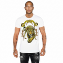 FRESH N FITTED white cotton t-shirt with a bold tiger graphic and ornate golden banner reading 'Avenue Georges Paris'.