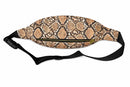 Snake print fanny pack with a black strap on a white background