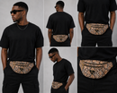 A man modeling a black t-shirt and cargo pants while wearing a brown and beige snakeskin-patterned waist bag in a five-panel collage layout.