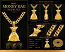 Gold money bag pendant necklace with a Cuban link chain, shown in a multi-view product infographic on a black background with gold text and details.