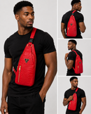 Man wearing a red sling bag with multiple views on a gray background