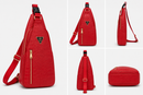 Red sling bag shown from multiple angles on a light gray background