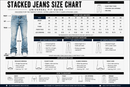A stacked jeans size chart and fit guide poster showing a full-length jeans illustration, measurement tables for waist, hip, thigh, rise, leg opening, and inseams, plus labeled fit and leg opening style diagrams.