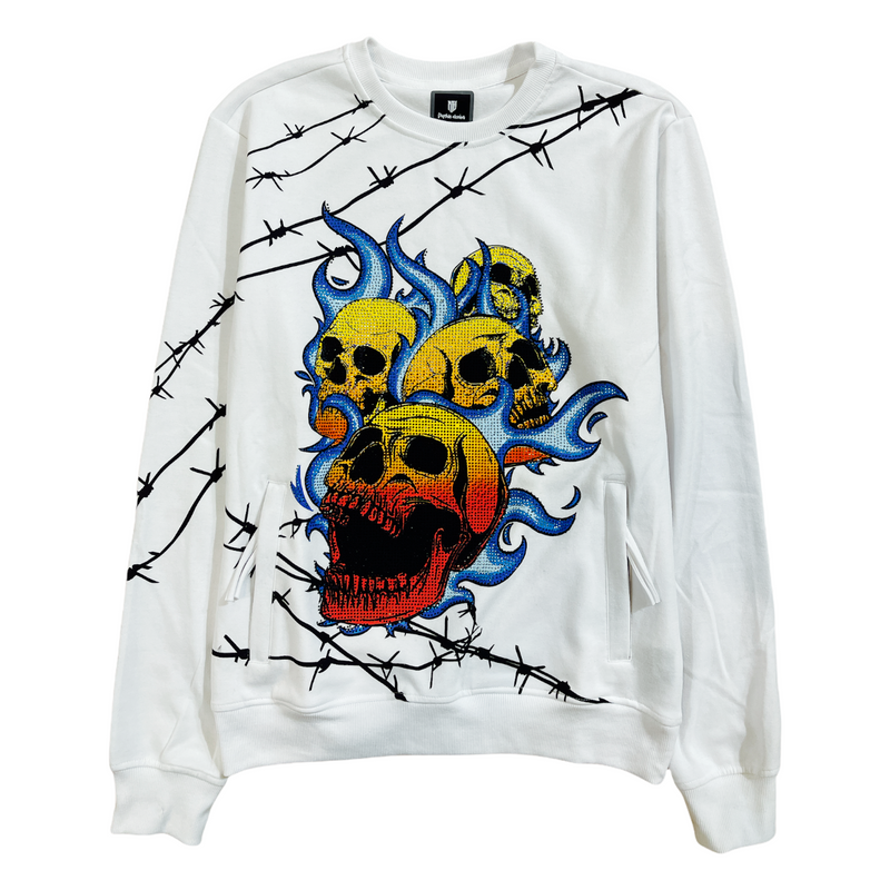 Motive Denim 'Skulls On Fire' Crewneck (White) MT15S - Fresh N Fitted Inc